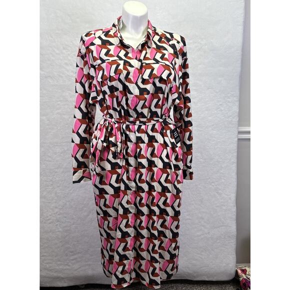 EXPRESS Printed Tie Waist Midi Shirt Dress Size XL Coco Chanel Vibes Work Wear - Picture 3 of 6